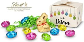 Präsentartikel: Buntes Lindt Osternest - auch in individueller Pralinenschachtel als Werbeartikel