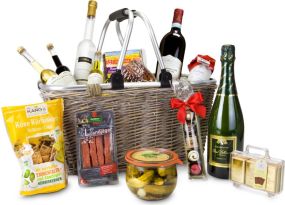 Präsenteset: Geschenkkorb XXL - Einkaufskorb mit 14 leckeren Produkten als Werbeartikel