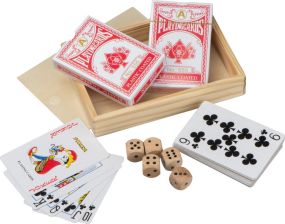 Spielkarten in Holzbox mit Würfel, 54311 als Werbeartikel