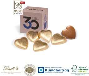 Werbewürfel mit Schokoladenherzen von Lindt als Werbeartikel