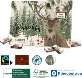 Tisch-Adventskalender aus Graspapier mit Fairtrade-Kakao Organic, Klimaneutral, FSC® als Werbeartikel