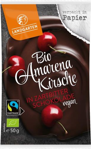 Landgarten Bio Amarenakirsch in Zartbitterschokolade 50g als Werbeartikel