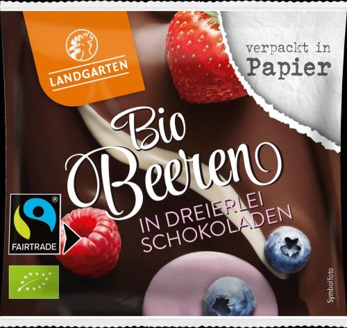 Landgarten Bio Beeren in Dreierlei Schokoladen 15g als Werbeartikel