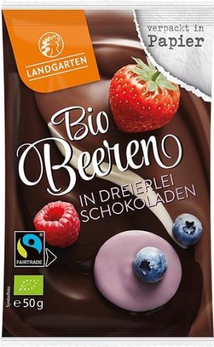 Landgarten Bio Beeren in Dreierlei Schokoladen 50g als Werbeartikel