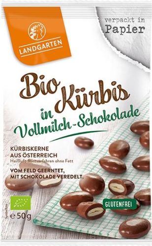 Landgarten Bio Kürbis in Vollmilchschokolade 50g als Werbeartikel