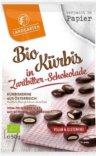 Landgarten Bio Kürbis in Zartbitterschokolade 50g als Werbeartikel