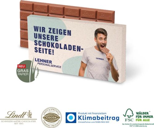 Premium Schokolade von Lindt, 100 g auf GRASPAPIER als Werbeartikel