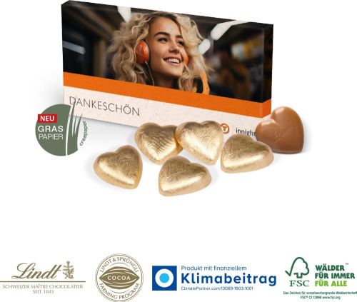 Präsentbox mit Lindt Schokoherzen auf GRASPAPIER als Werbeartikel