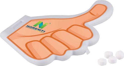 Pfefferminzspender in Form eines Daumens als Werbeartikel