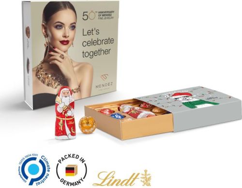 Lindt Präsent Lindt Kleine Kostbarkeiten, Santa - Kartonage nach Wahl - inkl. Druck als Werbeartikel