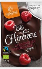 Landgarten Bio Himbeere in Zartbitterschokolade 50g als Werbeartikel