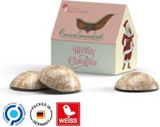 Lebkuchen Haus Werbeverpackung mit WEISS 4er Lebkuchen Mini mit Schokoladenboden als Werbeartikel